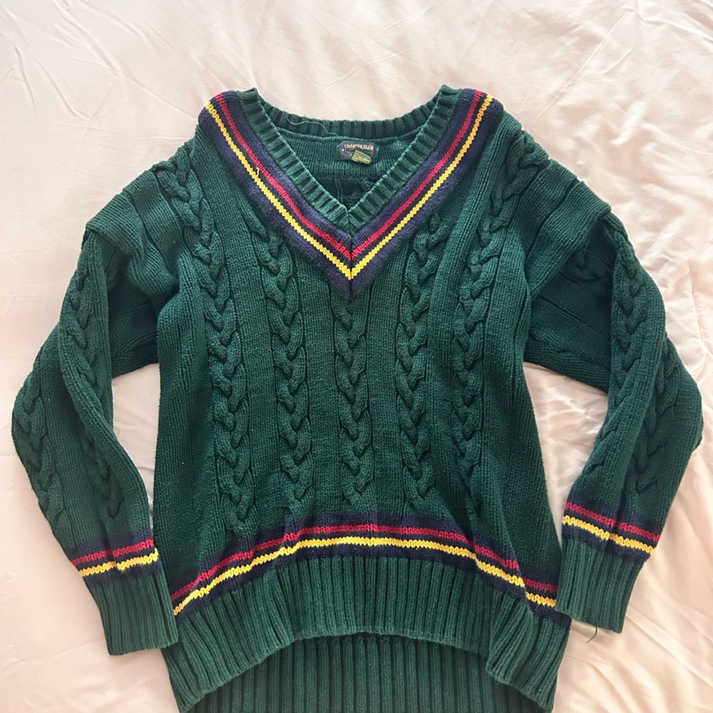 Vintage Green Cable Knit V-Neck Sweater